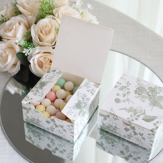 25 Pack White Sage Green Floral Print Paper Gift Boxes, Cardstock Party Shower Candy Favor Boxes - 4"x4"x2"