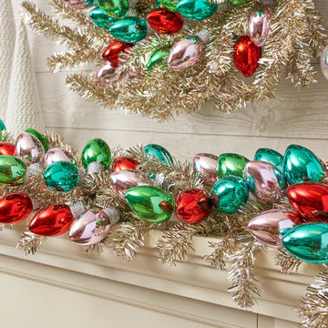 Razzle Dazzle Christmas - Gold & Silver Tinsel Garland with Vintage Bulbs In Pink, Turquoise, Green & Red