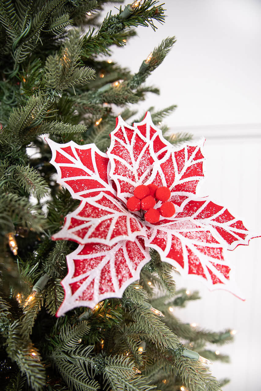 22” White and Red Poinsettia Stem with Red Berries