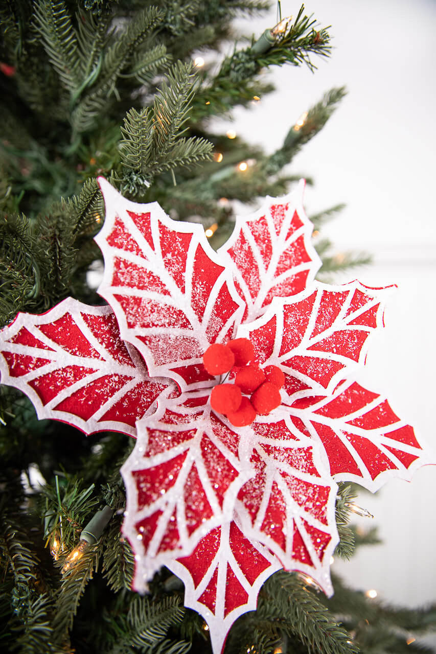 22” White and Red Poinsettia Stem with Red Berries