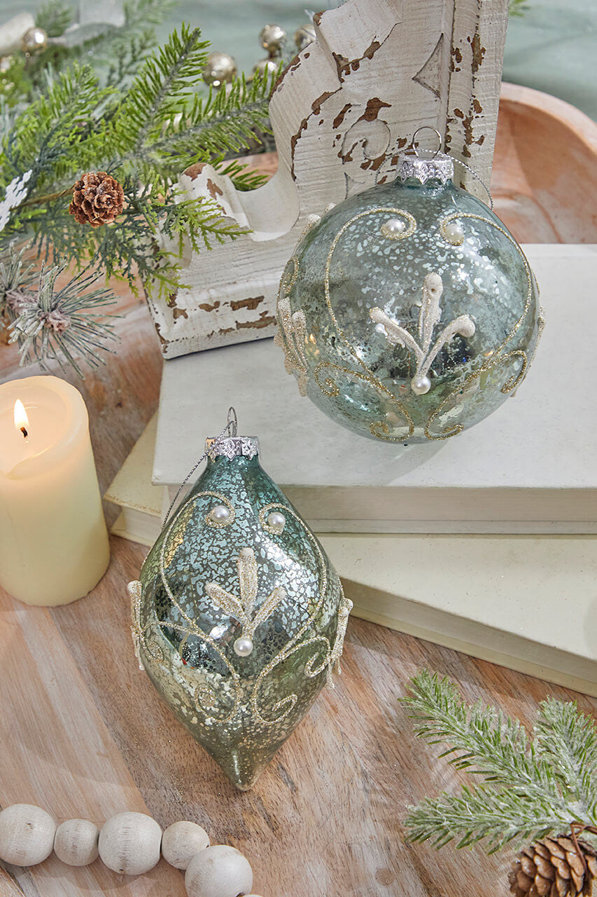 4" Shiny Mercury Glitter Bead And Pearl Ornament