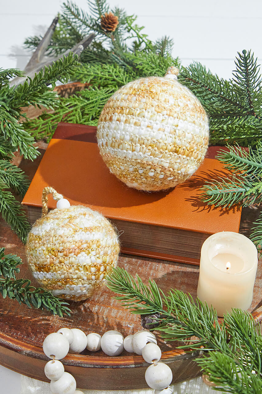 Set of 2 - Beige/White Knit Ball Ornaments