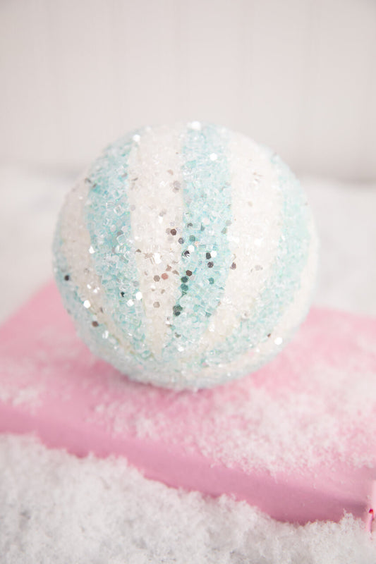 5” Blue & White Iced Candy Stripe Ball Ornament