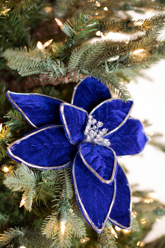 22” Blue/Silver Velvet Poinsettia Stem