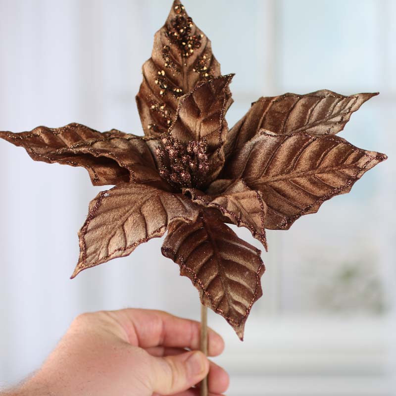 Set of Two Brown Sparkling Velvet Artificial Poinsettia Pick