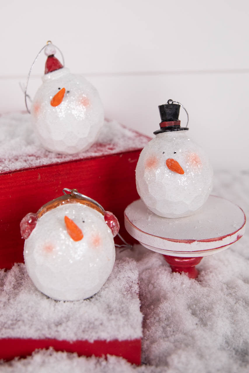 Set Of Three 3.5” Resin Carved Snowman Head Ornament