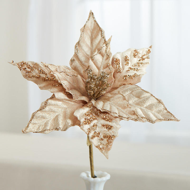 Set of Two Champagne Velvet Poinsettia Stem