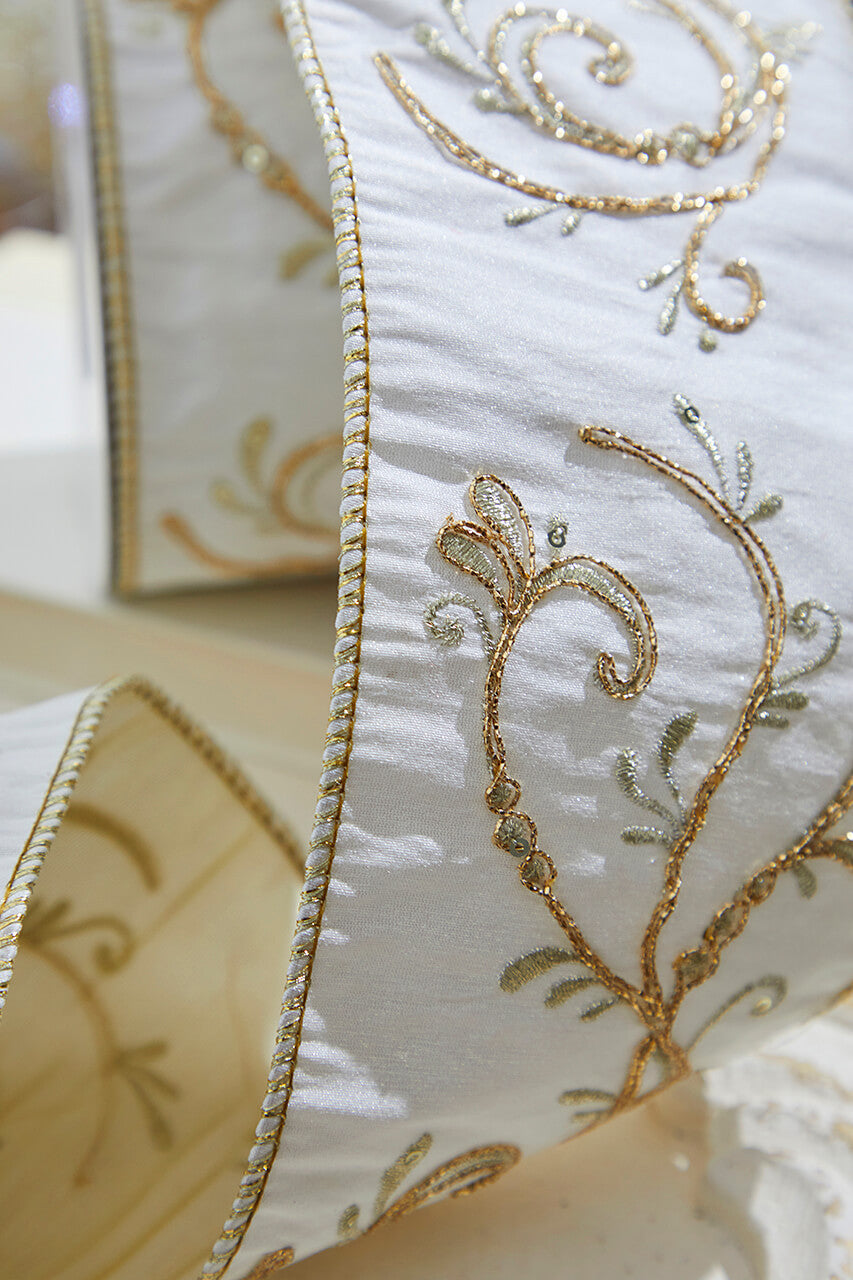 4” x 5 Yard Cream & Gold Embroided Fleur Vine Ribbon