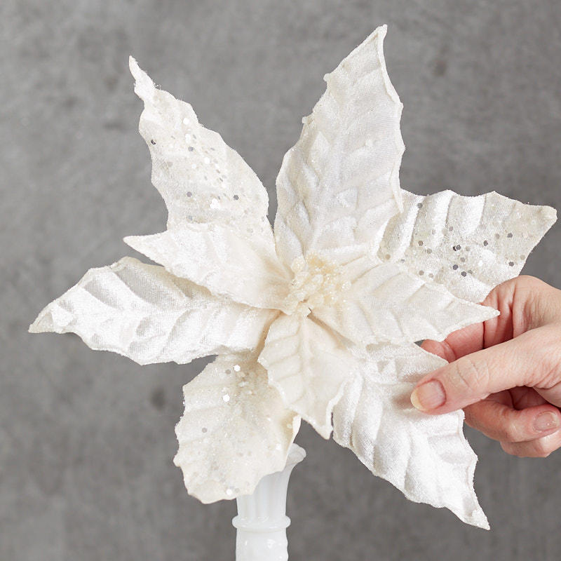 Set of Two Cream Velvet Poinsettia Stem