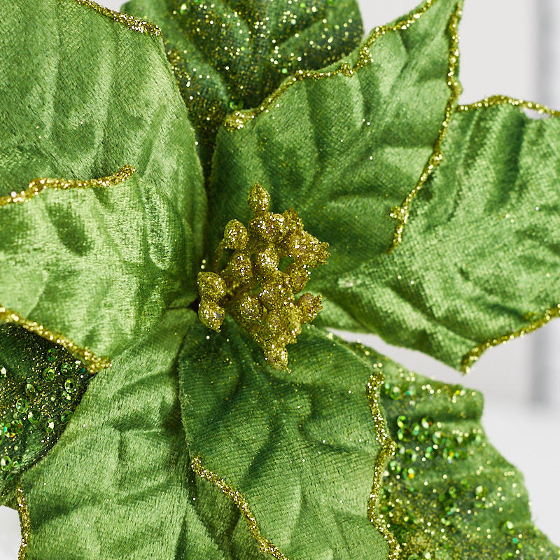 Set of Two Emerald Green Velvet Poinsettia Stem