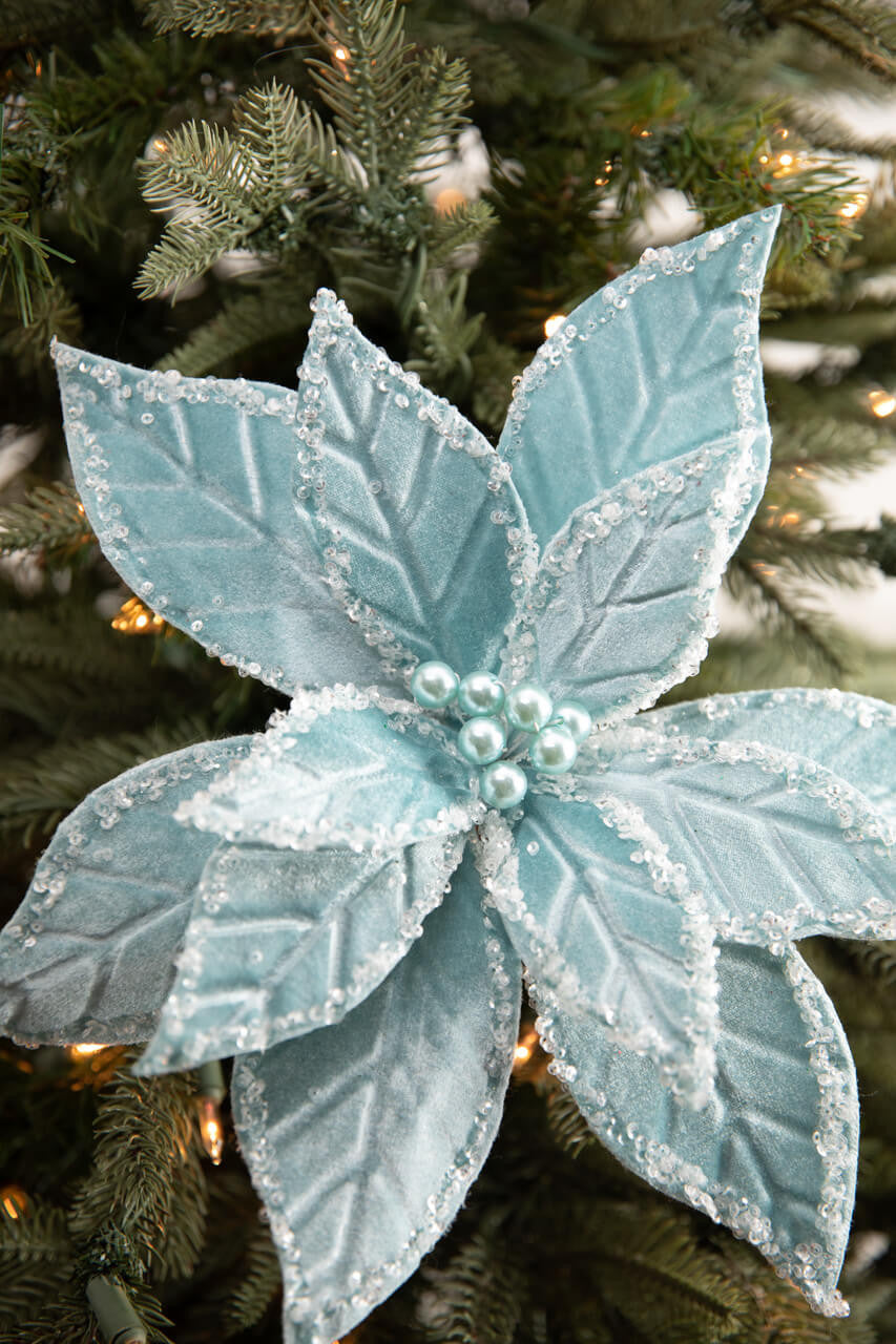 22” Light Blue Velvet Poinsettia Stem