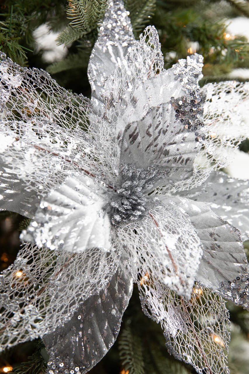 22” Velvet Sheer Poinsettia Stem - Silver