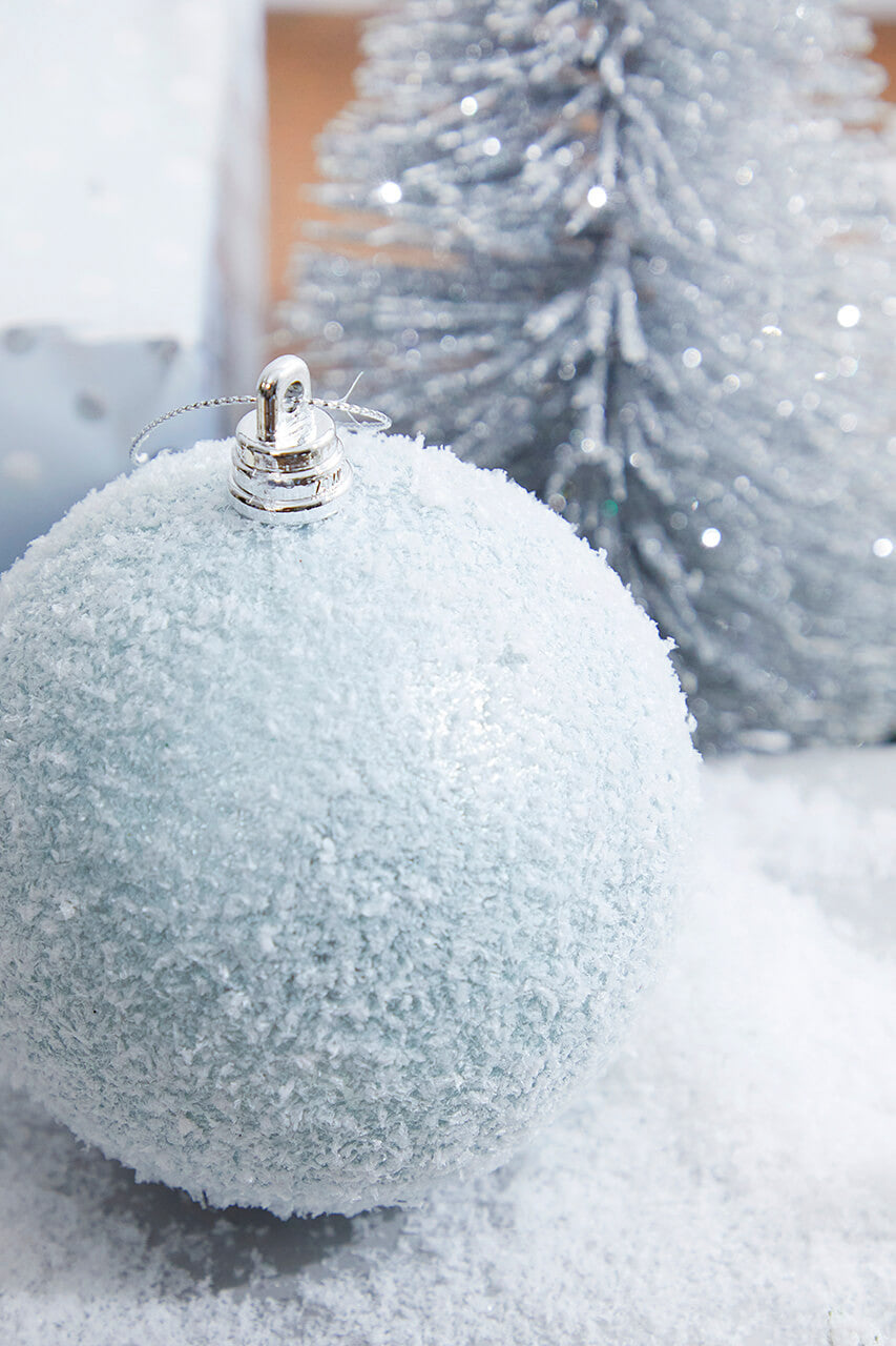 Set Of Three 4" Light Blue Frosted Snowy Ball Ornament