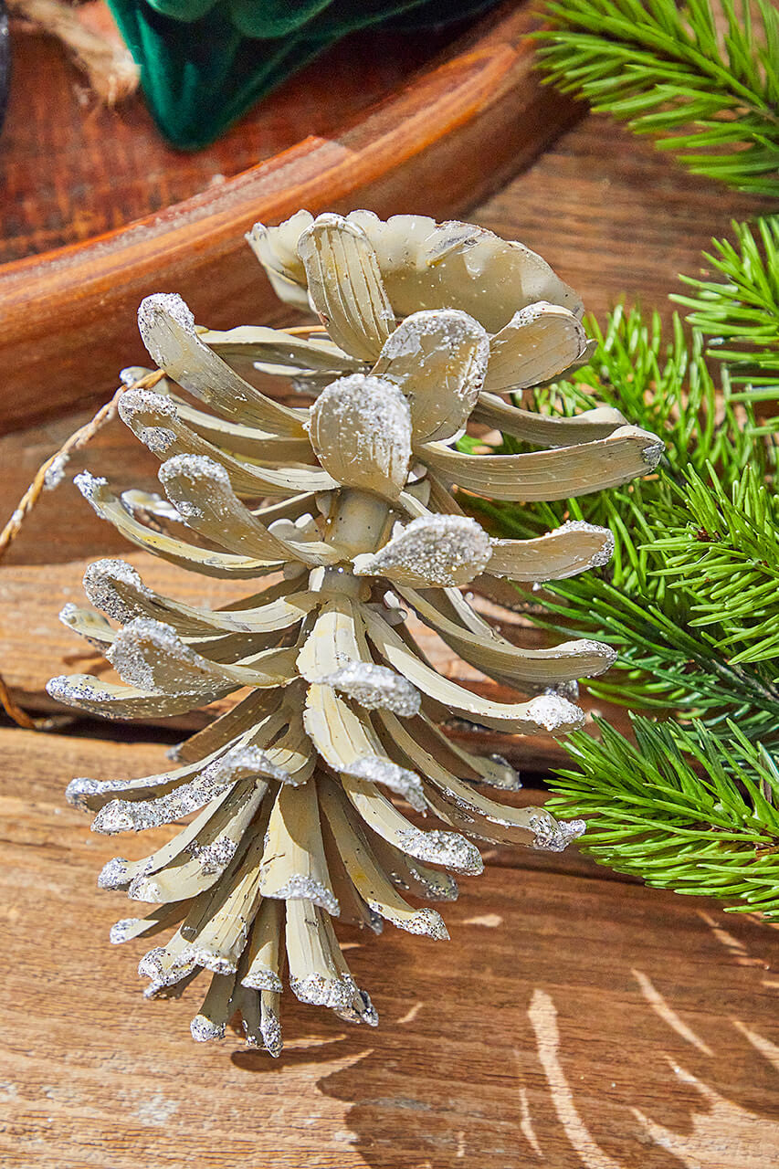 Set of Three 5” Plastic Glitter Long Leaf Pinecone