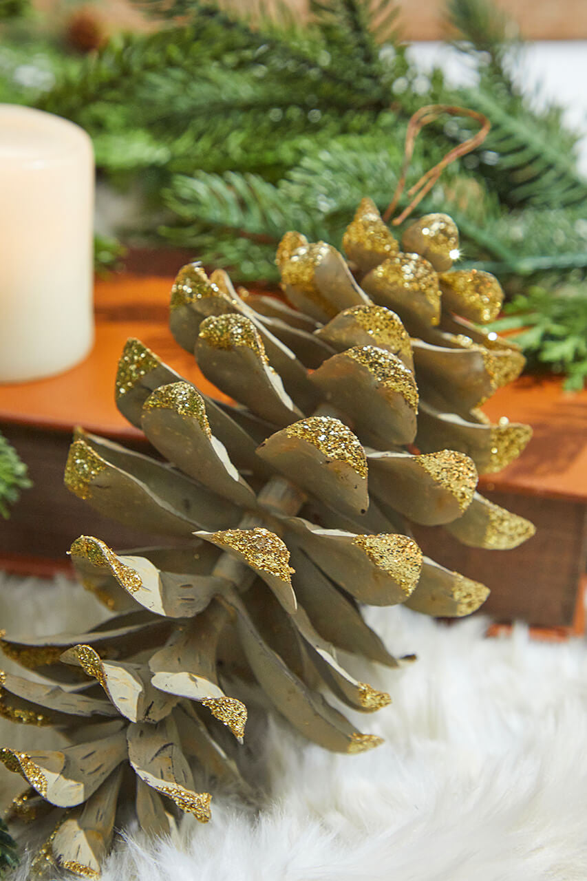 Set Of Three 8” Gold Glitter Tipped Faux Sequoia Pine Cone with Hanging Wire