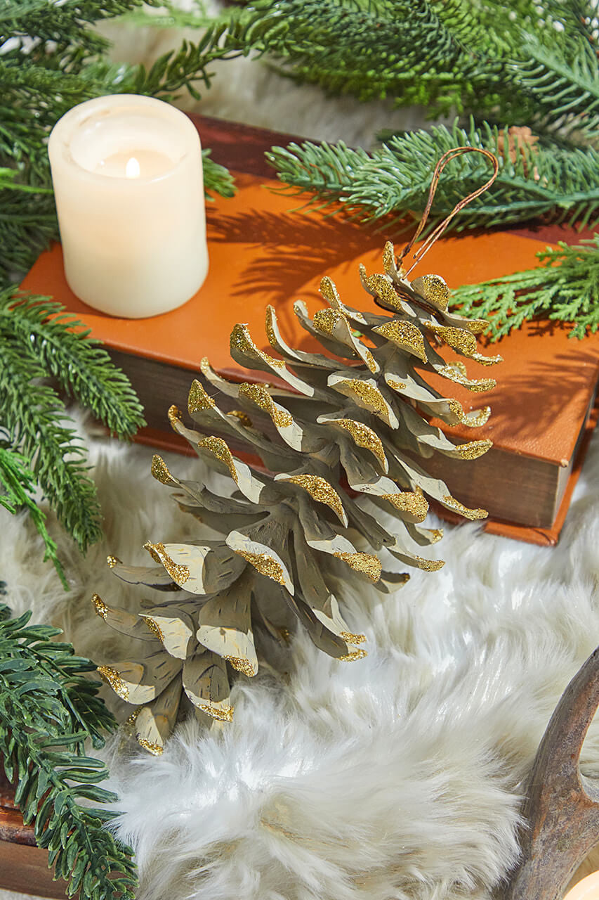 Set Of Three 8” Gold Glitter Tipped Faux Sequoia Pine Cone with Hanging Wire