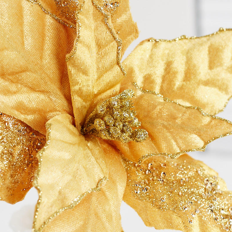 Set of Two Gold Velvet Poinsettia Stem