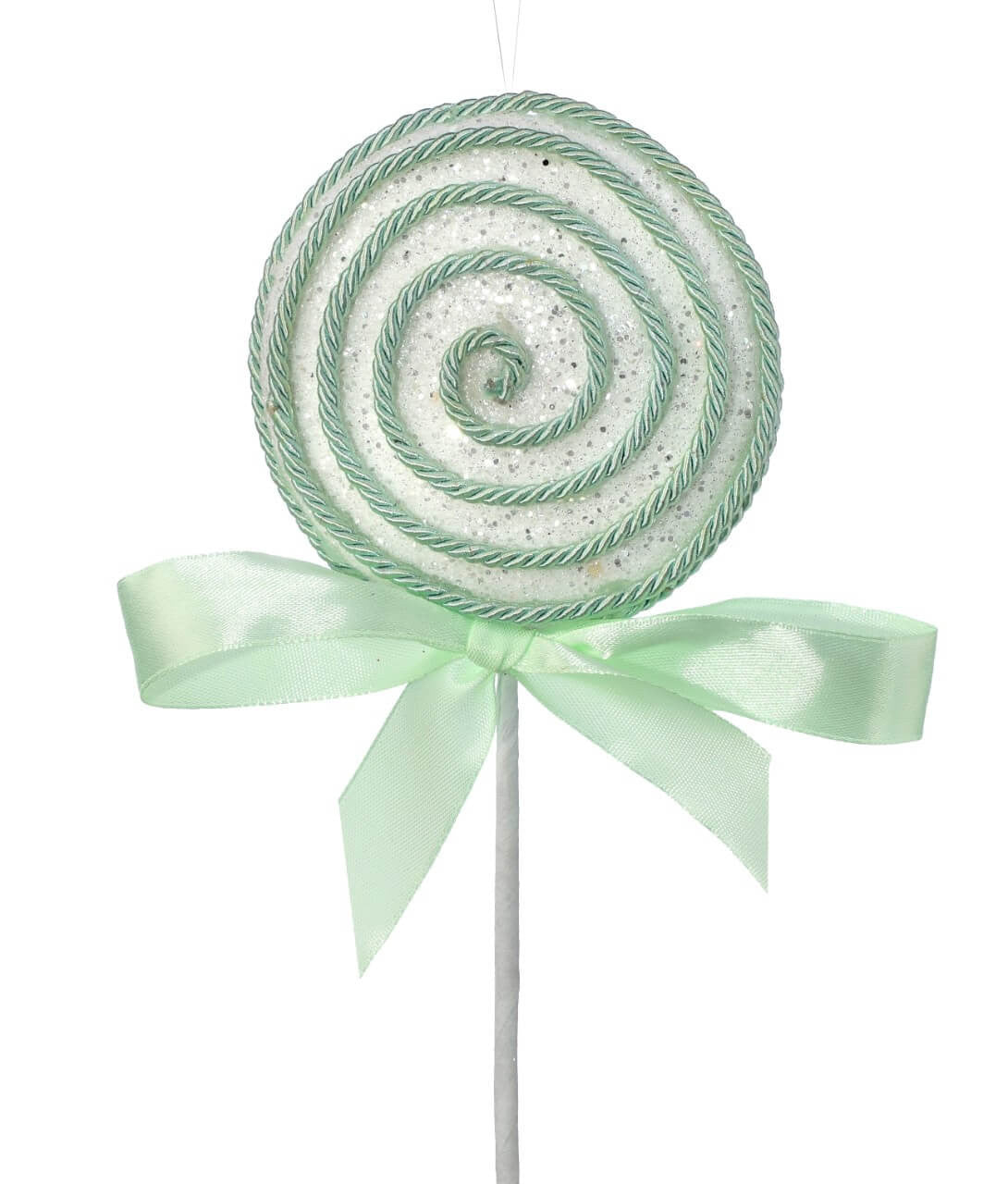 Set of Three 12” Lollipop Pick/Ornament with Bow - Green/White