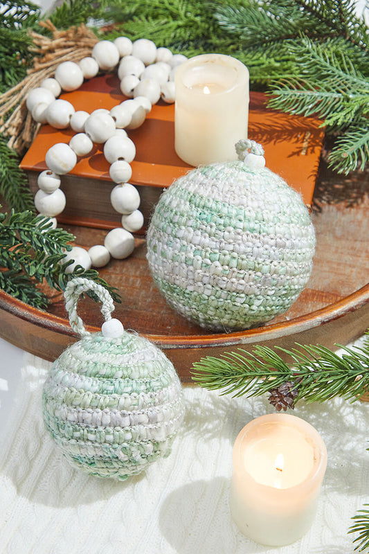 Set of 2 Green/White Knit Ball Ornaments