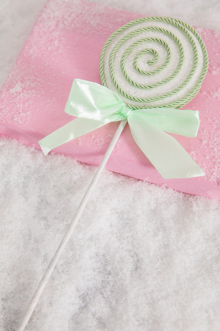 Set of Three 12” Lollipop Pick/Ornament with Bow - Green/White