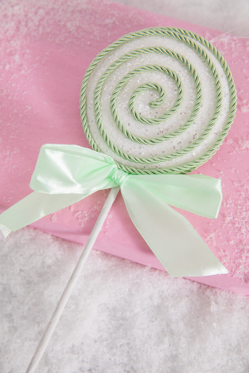 Set of Three 12” Lollipop Pick/Ornament with Bow - Green/White