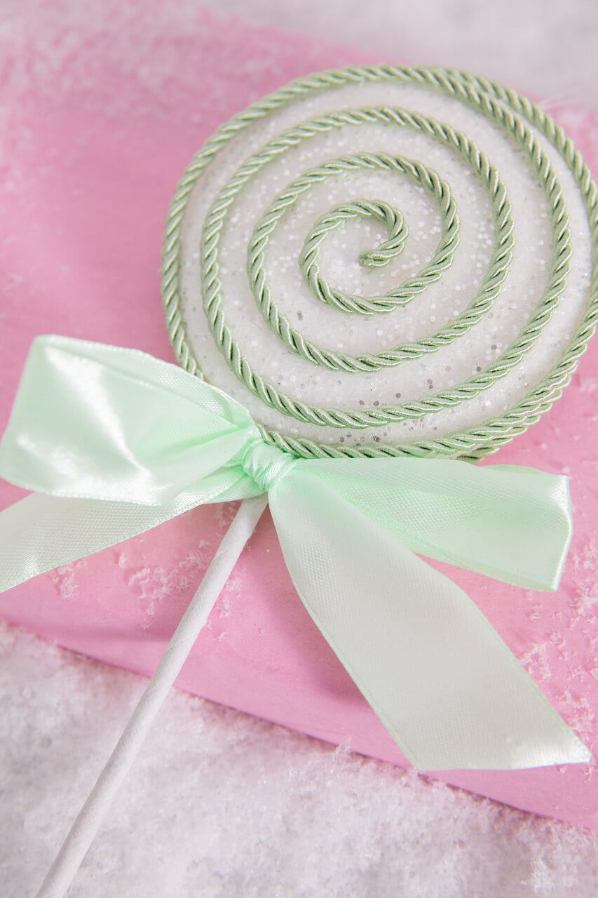 Set of Three 12” Lollipop Pick/Ornament with Bow - Green/White