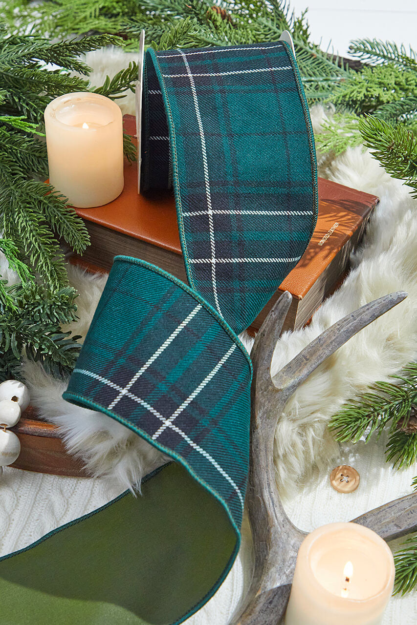 4" x 5 Yard Hunter Green Plaid Checks Tafetta Ribbon