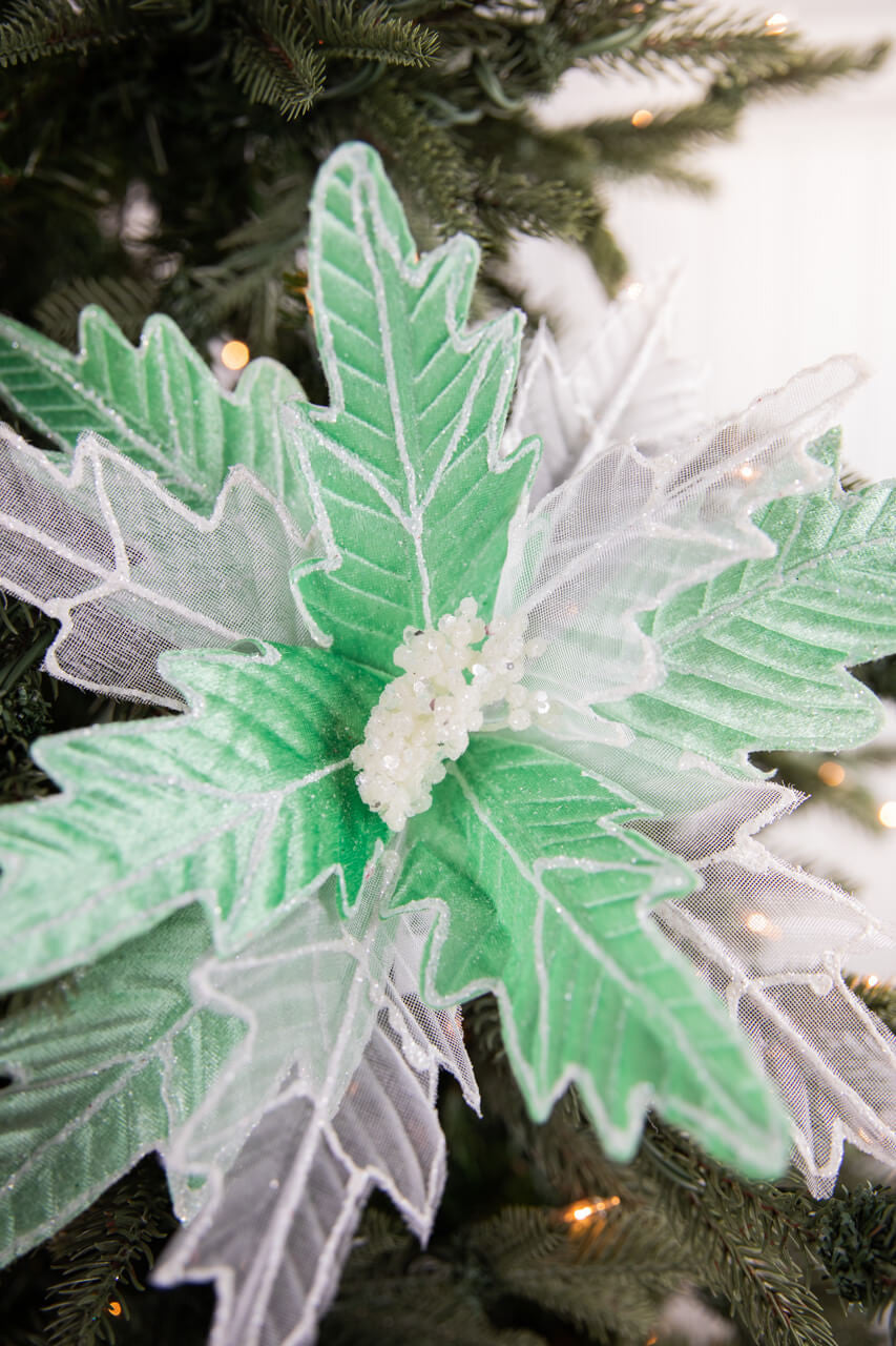 24” Green & White Frosted Glitter Poinsettia