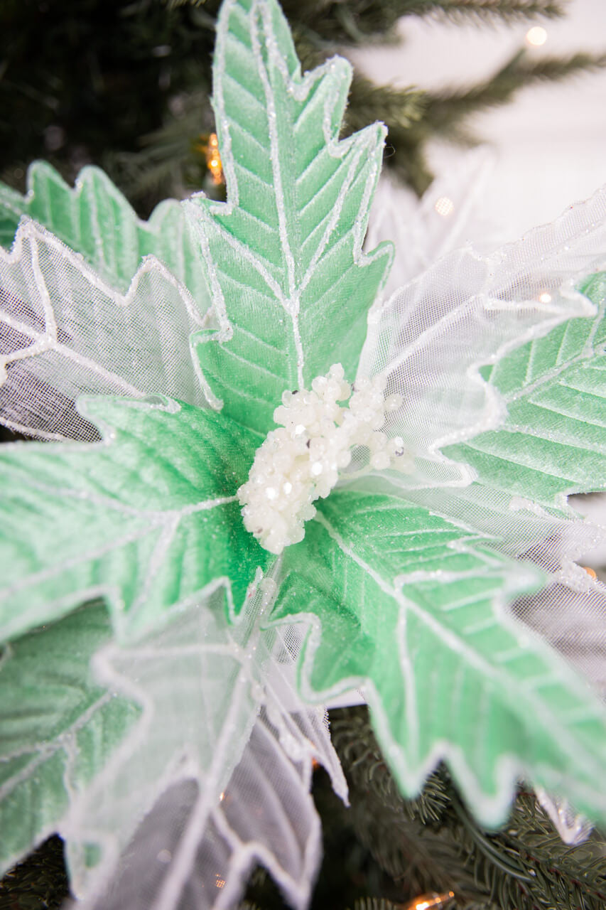 24” Green & White Frosted Glitter Poinsettia