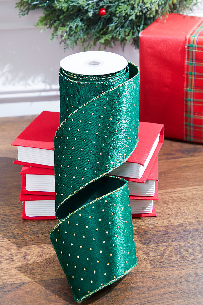 4" x 10 Yard Green Velvet with Gold Dots Wired Ribbon