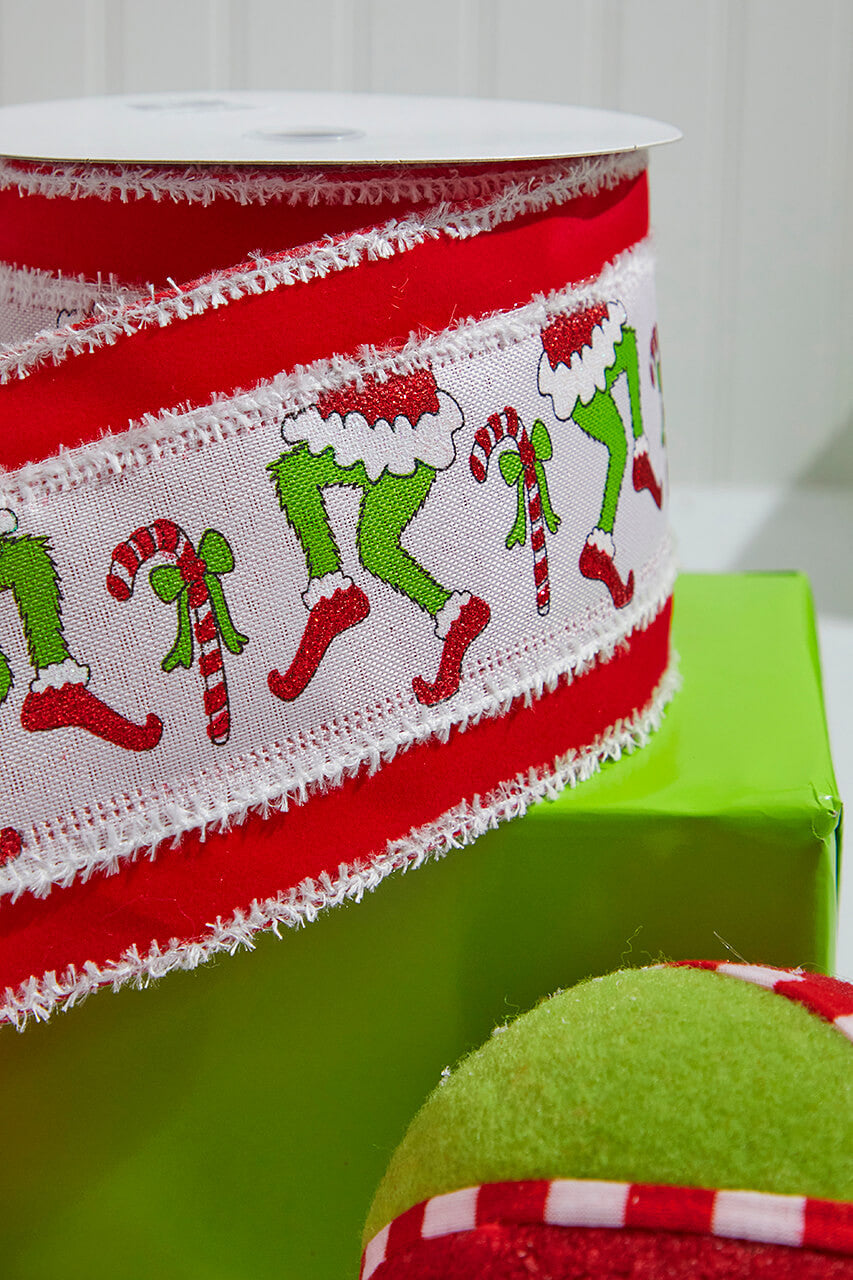 4" x 10 Yard Green Monster Legs & Candy Cane Christmas Ribbon