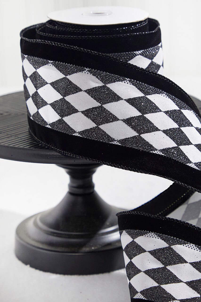 4" x 10 Yard Black and White Harlequin Wired Ribbon
