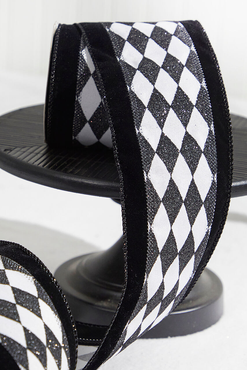 4" x 10 Yard Black and White Harlequin Wired Ribbon