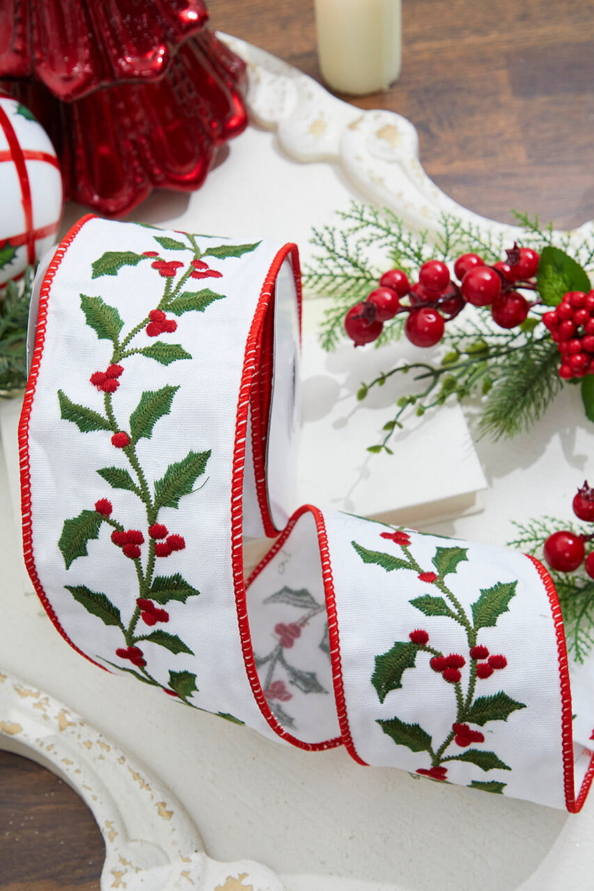 4” x 5 Yard Holly Berry & Vine Embroidered Canvas Ribbon
