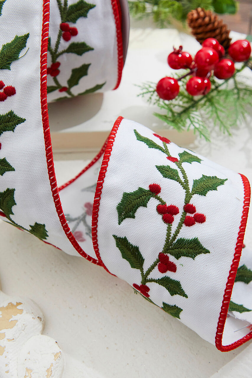 4” x 5 Yard Holly Berry & Vine Embroidered Canvas Ribbon