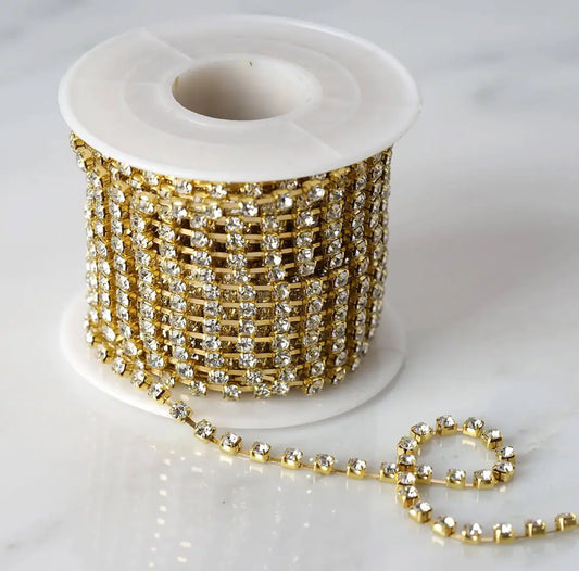 10 FT. Gold Diamond Rhinestone Chain Roll 3mm Gemstone Ribbon