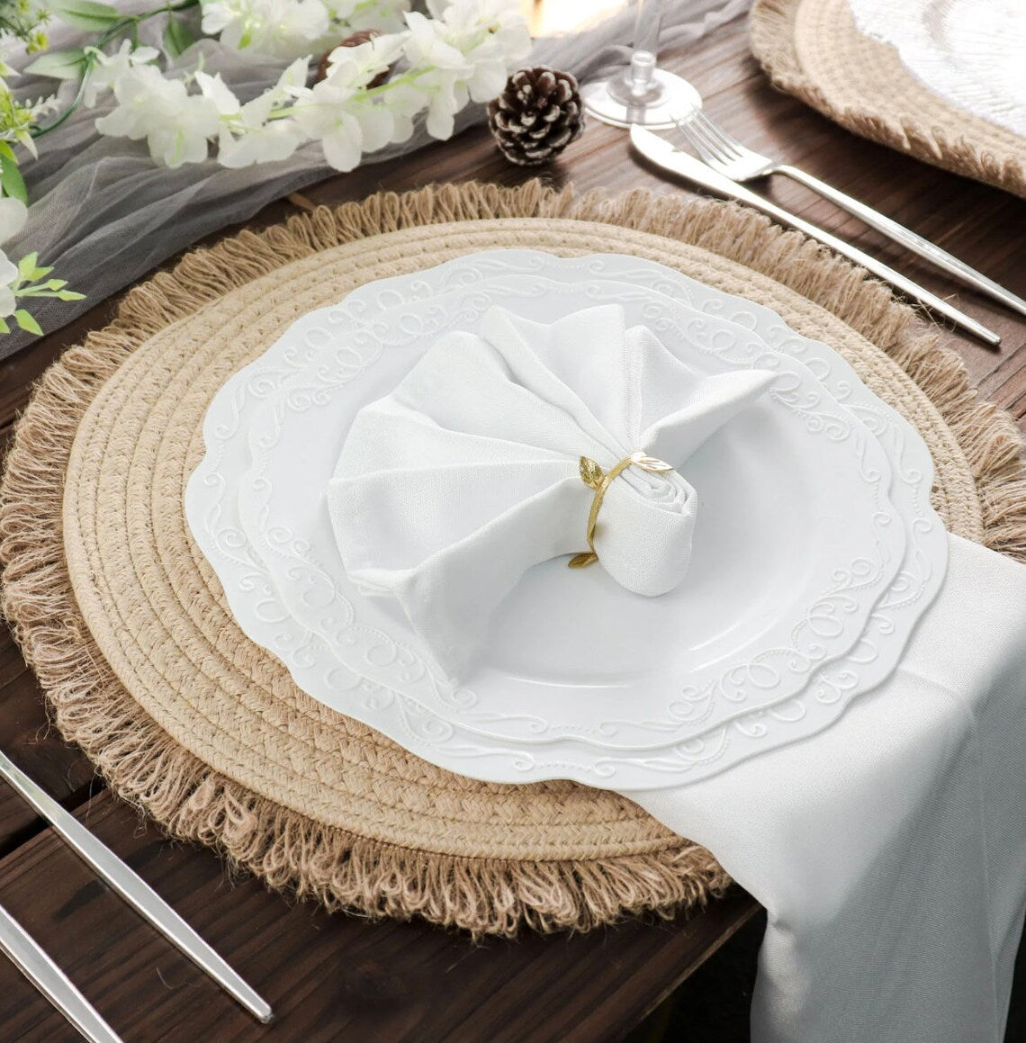 FOUR Farmhouse Placemats, Natural 15" Jute Round Fringe Edges
