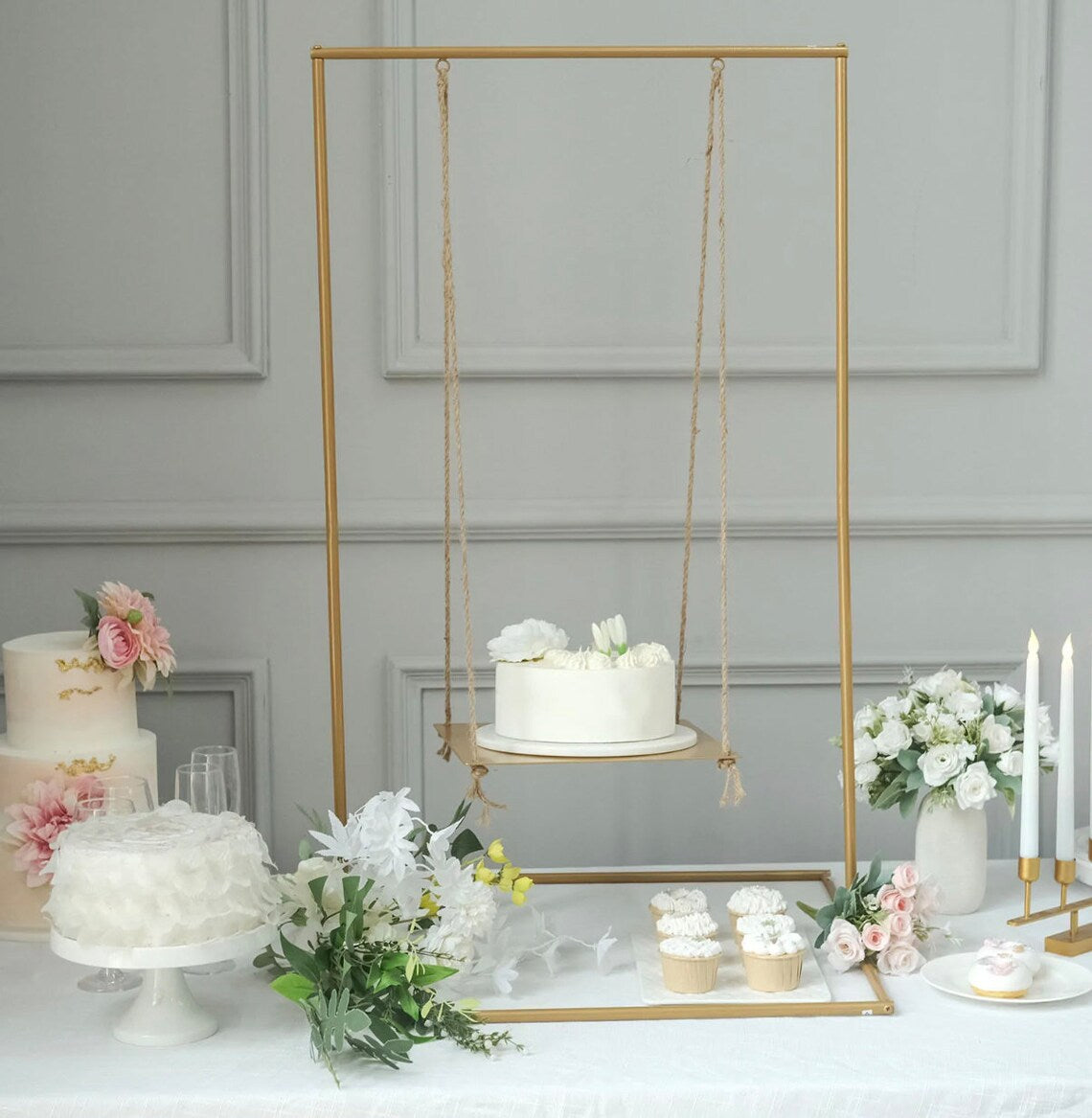 3 FT. Gold Metal Hanging Dessert Display Centerpiece Cake Stand