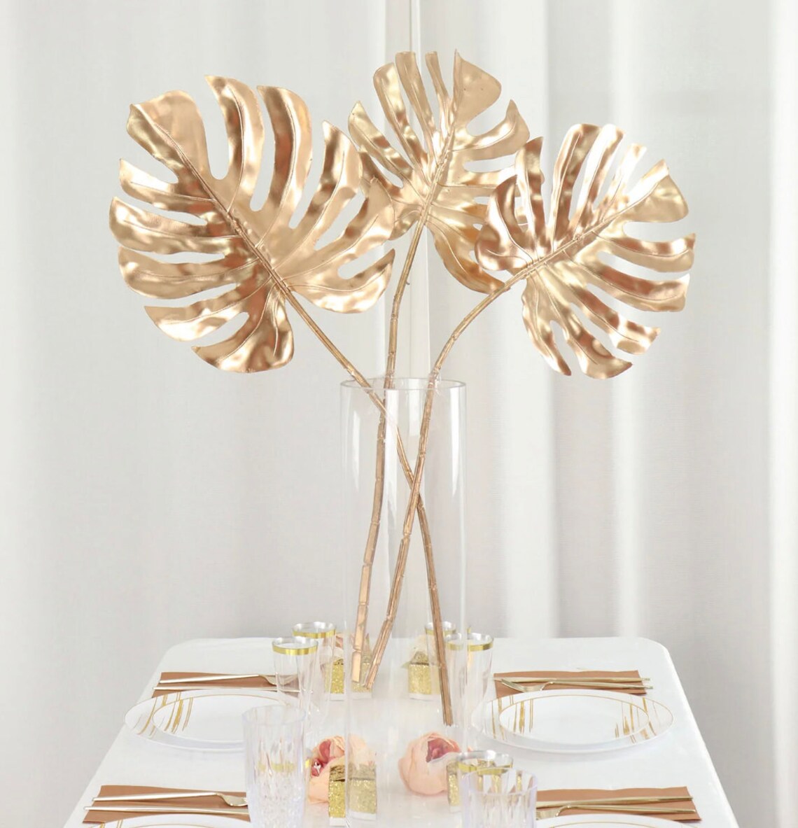 THREE 29" Metallic Gold Artificial Monstera Leaf Branch Vase Fille