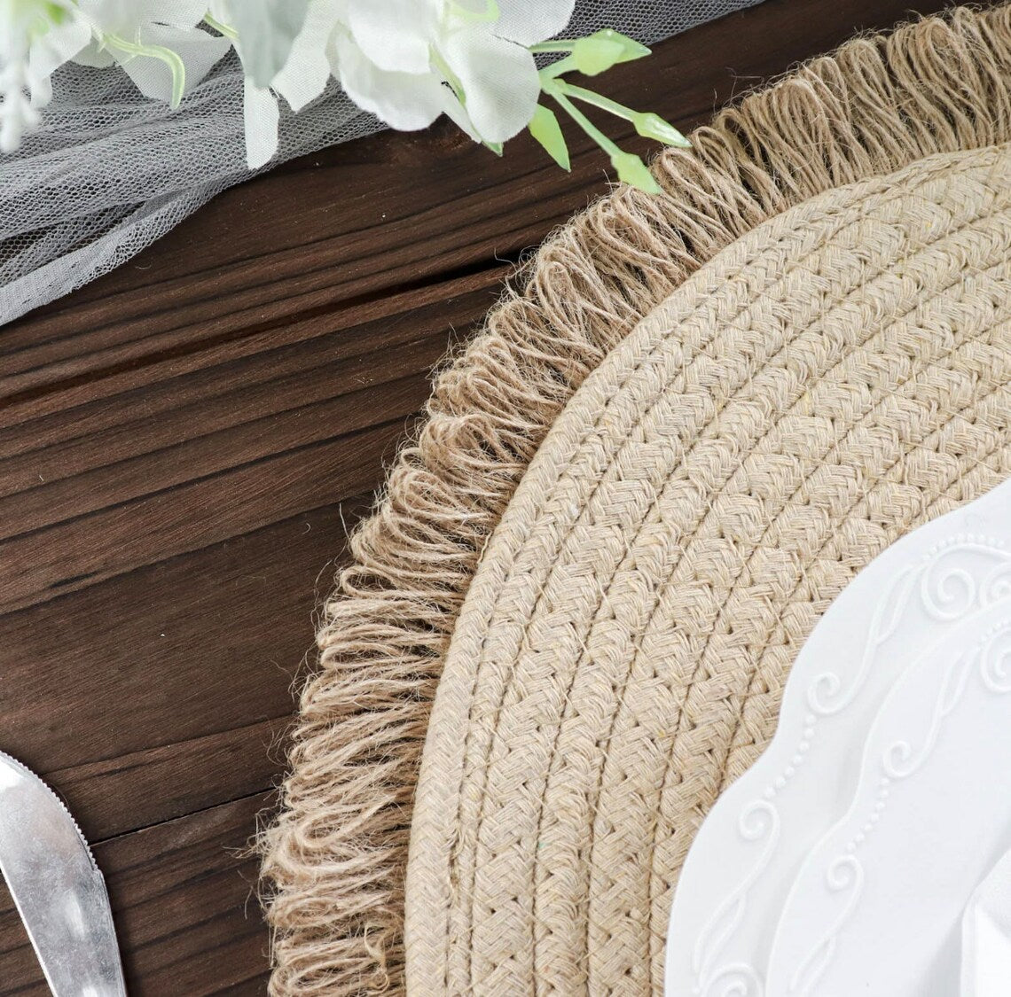 FOUR Farmhouse Placemats, Natural 15" Jute Round Fringe Edges