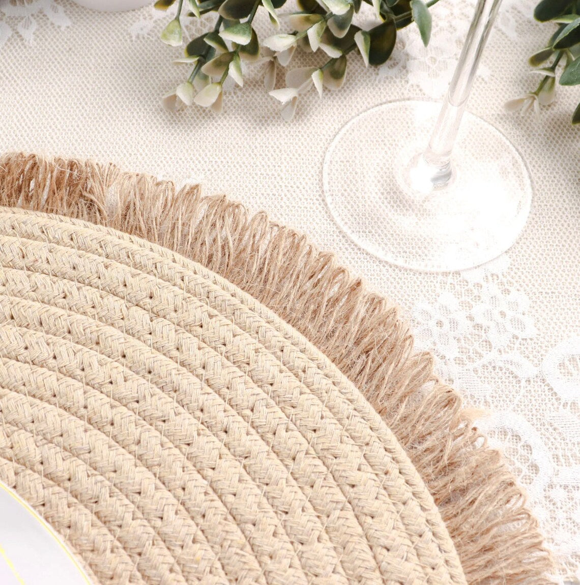 FOUR Farmhouse Placemats, Natural 15" Jute Round Fringe Edges