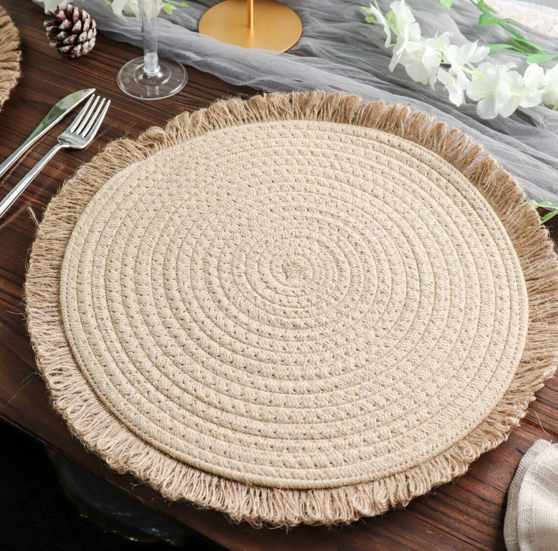 FOUR Farmhouse Placemats, Natural 15" Jute Round Fringe Edges