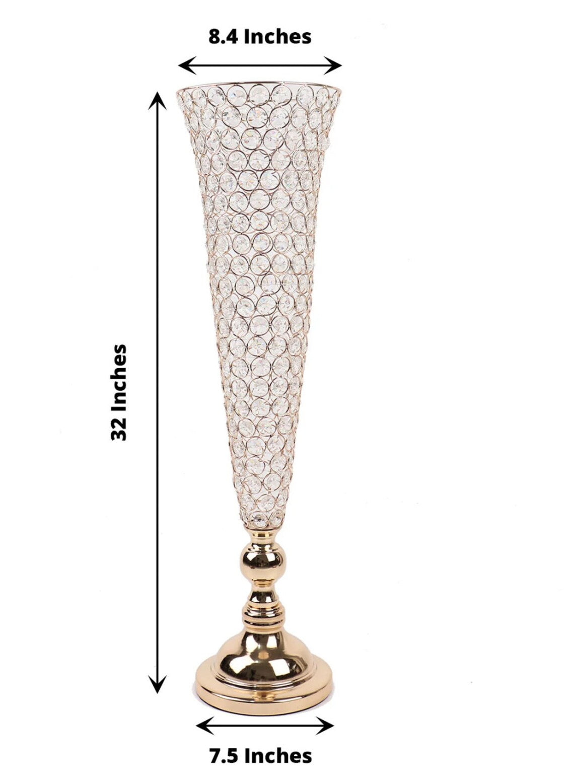 TWO 40" Gold Crystal Beaded Trumpet Glass Vases