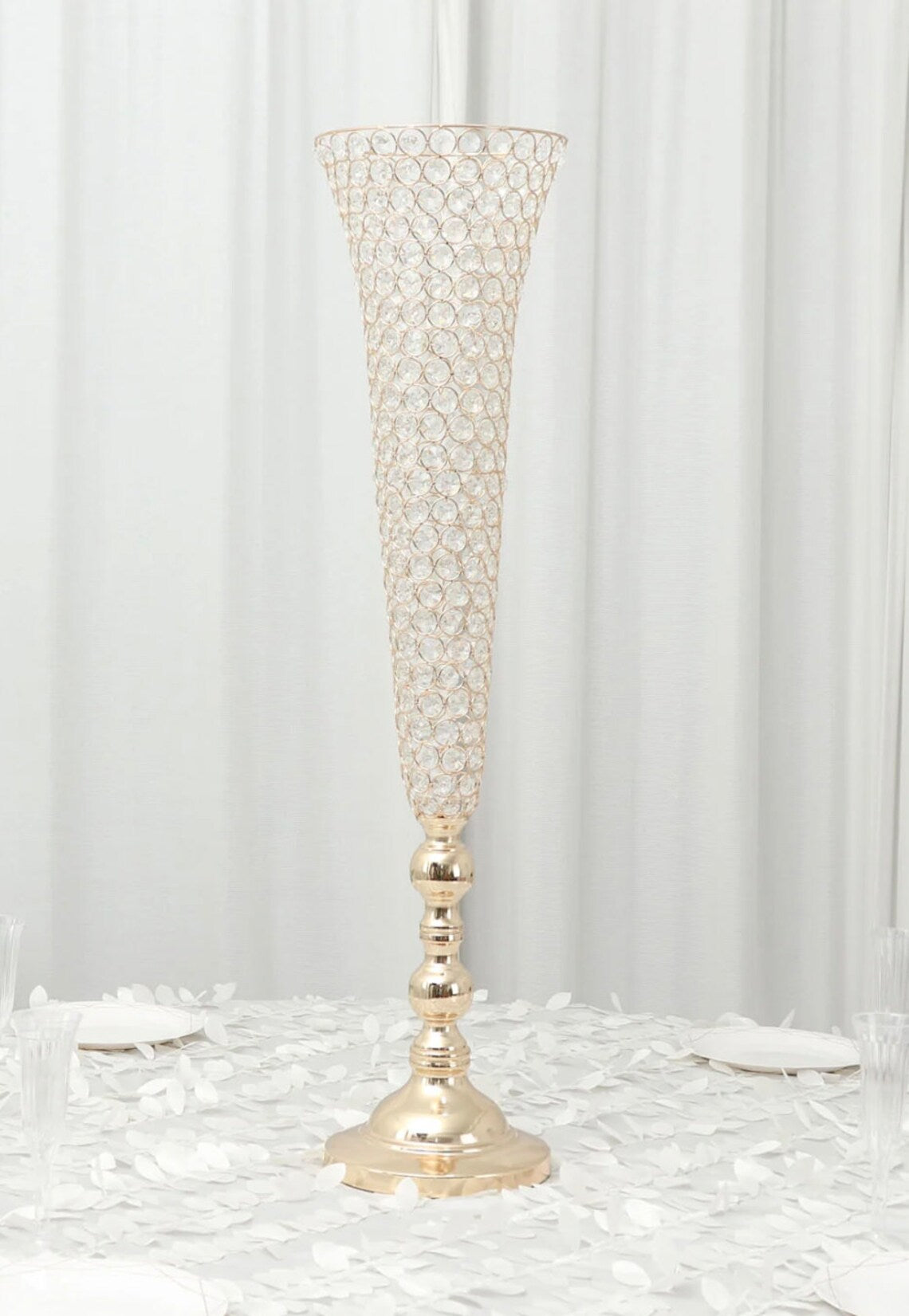 TWO 40" Gold Crystal Beaded Trumpet Glass Vases