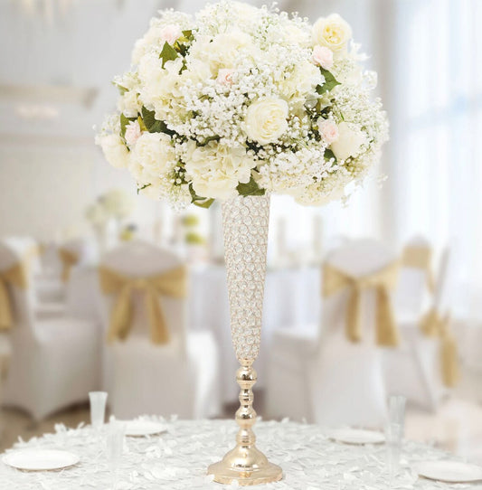 TWO 40" Gold Crystal Beaded Trumpet Glass Vases