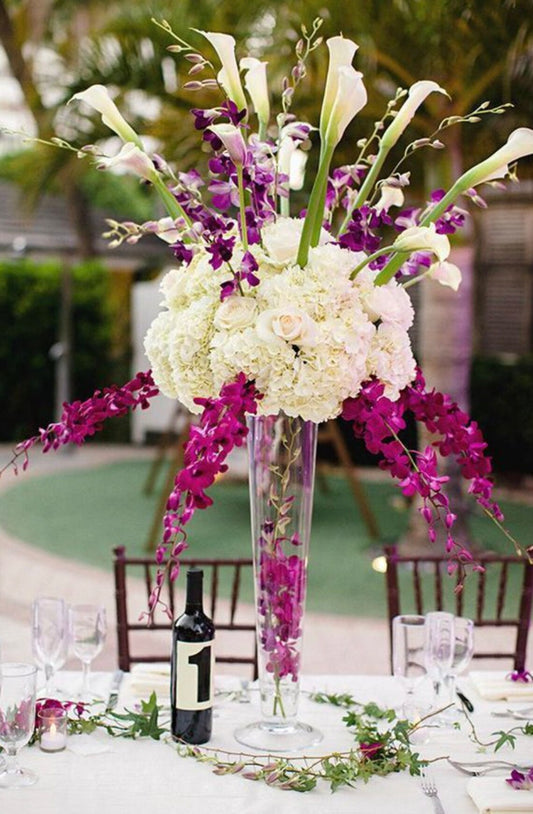 Set of Twelve 24" Tall Clear Flared Trumpet Glass Vases