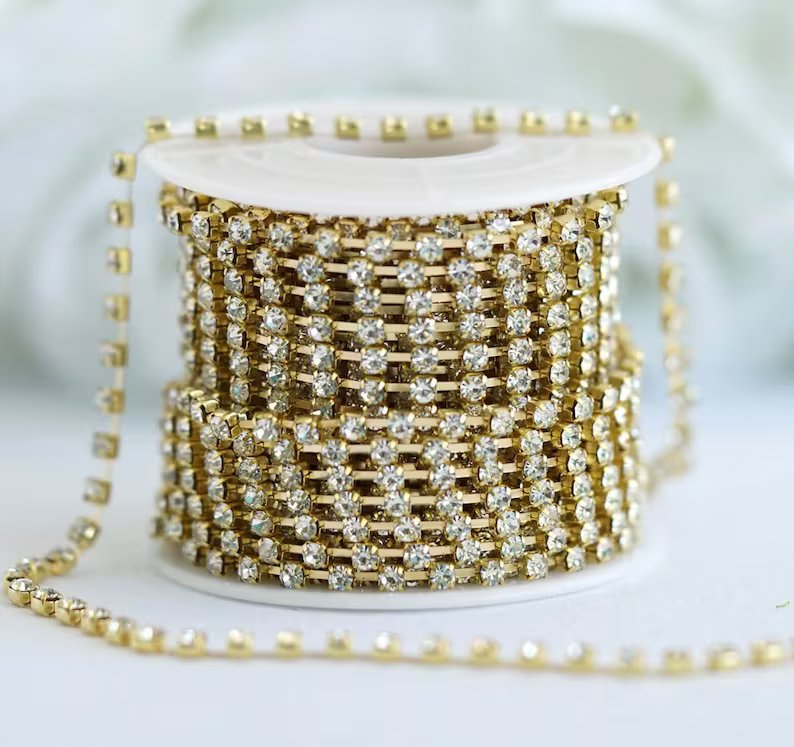 10 FT. Gold Diamond Rhinestone Chain Roll 3mm Gemstone Ribbon