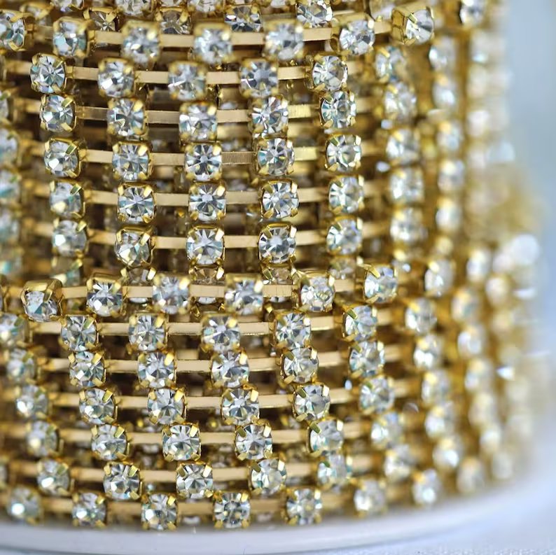 10 FT. Gold Diamond Rhinestone Chain Roll 3mm Gemstone Ribbon