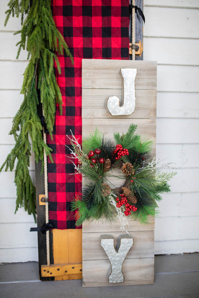 41” H Wood & Metal “Joy” Sign with Holiday Wreath