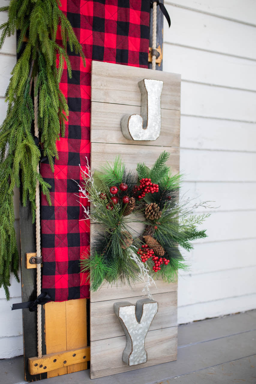 41” H Wood & Metal “Joy” Sign with Holiday Wreath